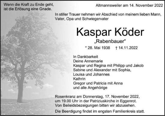 Traueranzeige von Kaspar Köder von Schwäbische Post
