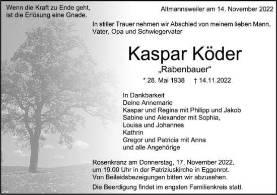 Traueranzeige von Kaspar Köder