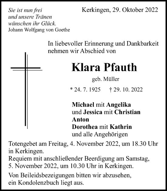 Traueranzeige von Klara Pfauth von Schwäbische Post