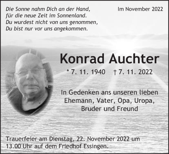 Traueranzeige von Konrad Auchter von Schwäbische Post