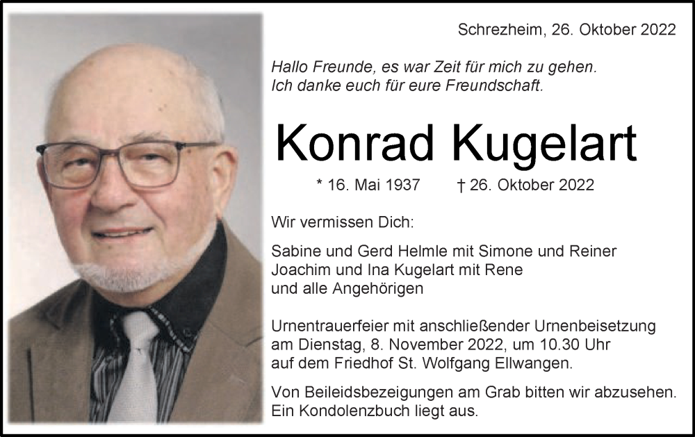  Traueranzeige für Konrad Kugelart vom 03.11.2022 aus Schwäbische Post