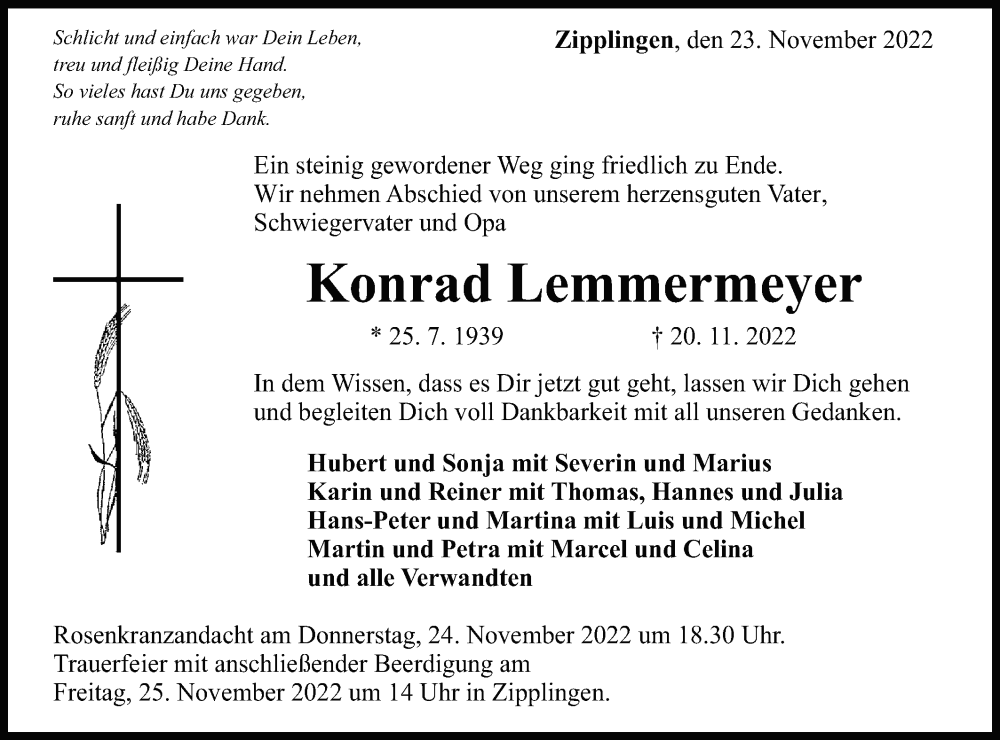  Traueranzeige für Konrad Lemmermeyer vom 23.11.2022 aus Schwäbische Post