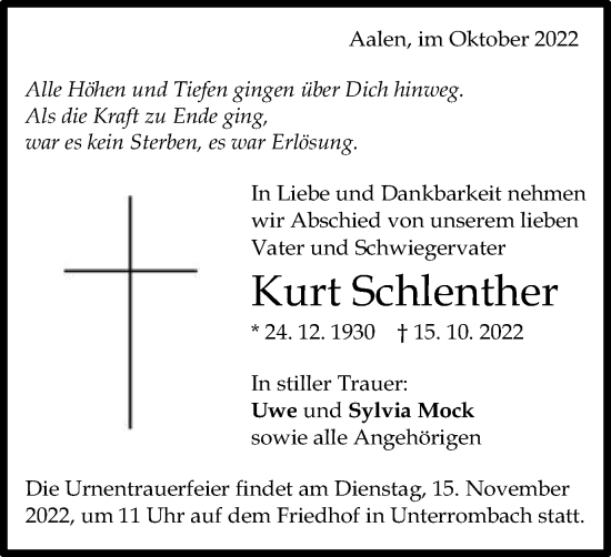 Traueranzeige von Kurt Schlenther von Schwäbische Post