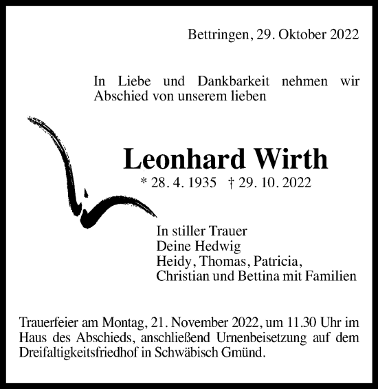 Traueranzeige von Leonhard Wirth von Schwäbische Post