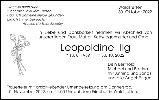 Traueranzeige von Leopoldine Ilg von Gmünder Tagespost