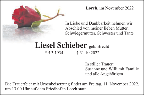 Traueranzeige von Liesel Schieber von Gmünder Tagespost
