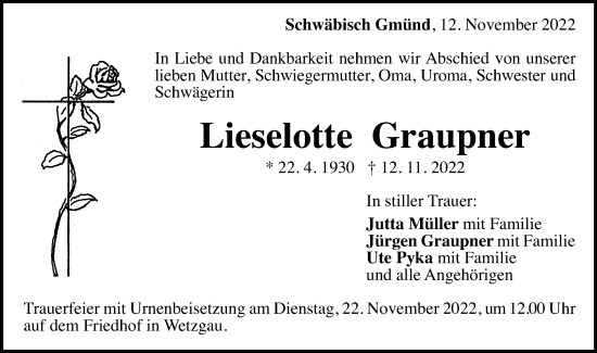 Traueranzeige von Lieselotte Graupner von Gmünder Tagespost