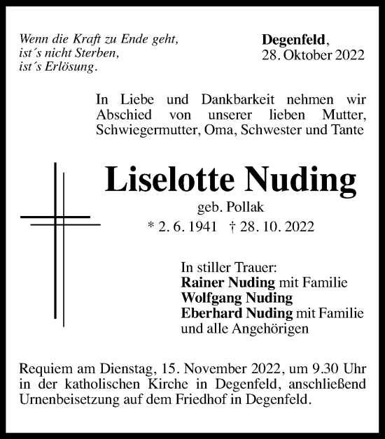 Traueranzeige von Liselotte Nuding von Gmünder Tagespost