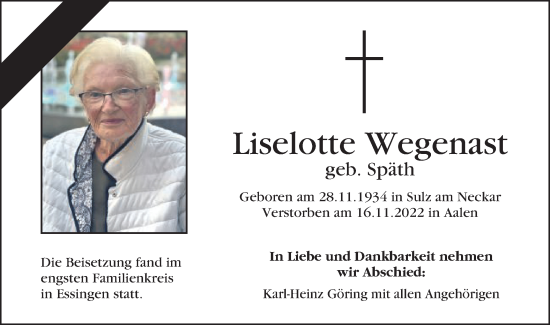Traueranzeige von Liselotte Wegenast von Schwäbische Post