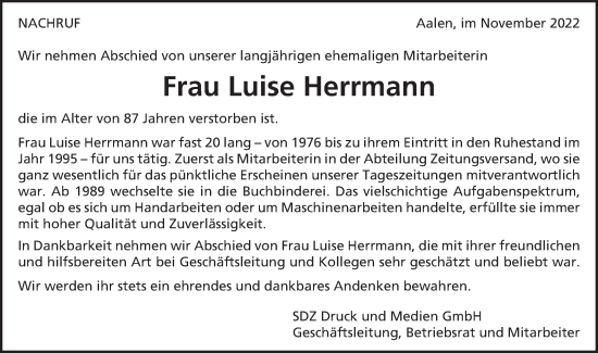 Traueranzeige von Luise Hartmann  von Schwäbische Post