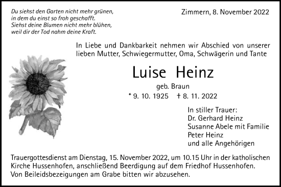 Traueranzeige von Luise Heinz von Gmünder Tagespost