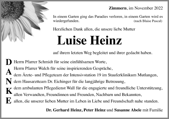 Traueranzeige von Luise Heinz von Gmünder Tagespost
