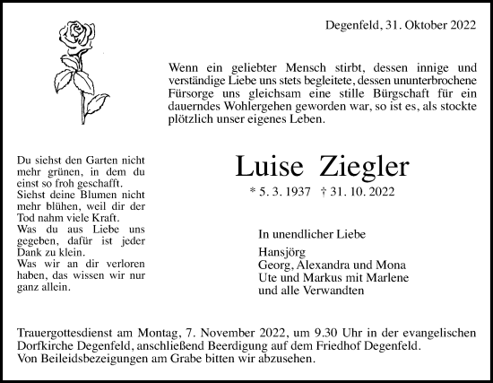 Traueranzeige von Luise Ziegler von Gmünder Tagespost