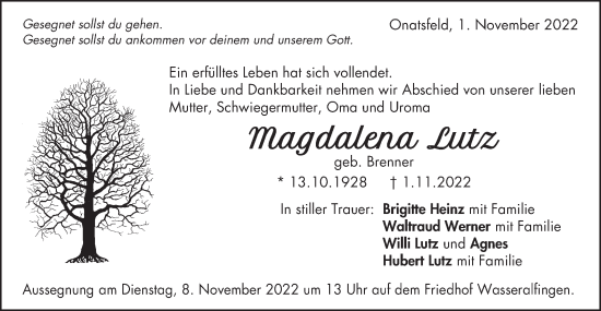 Traueranzeige von Magdalena Lutz von Schwäbische Post