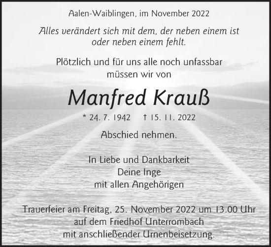 Traueranzeige von Manfred Krauß von Schwäbische Post