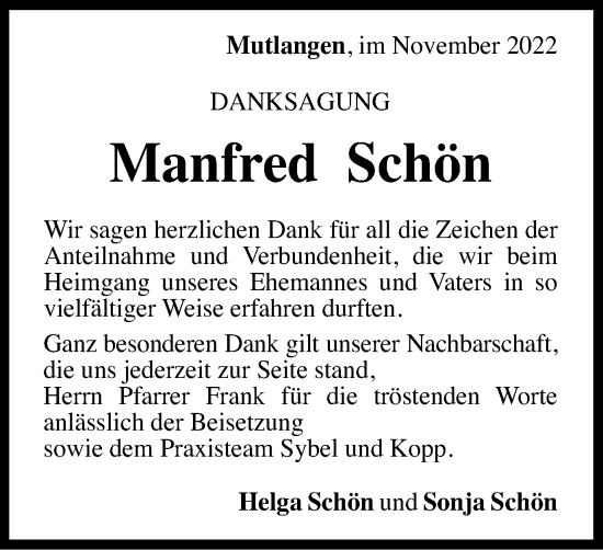 Traueranzeige von Manfred Schön von Gmünder Tagespost