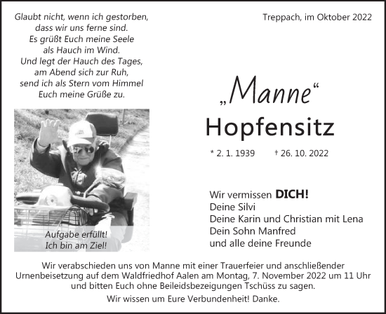 Traueranzeige von Manne Hopfensitz von Schwäbische Post