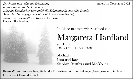 Traueranzeige von Margareta Hanfland von Schwäbische Post
