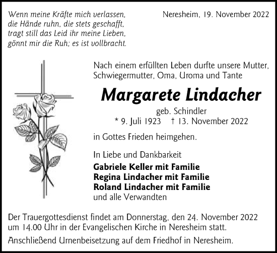 Traueranzeige von Margarete Lindacher von Schwäbische Post