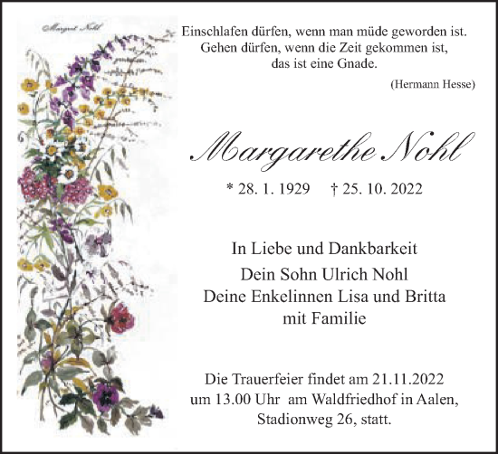 Traueranzeige von Margarethe Nohl von Schwäbische Post