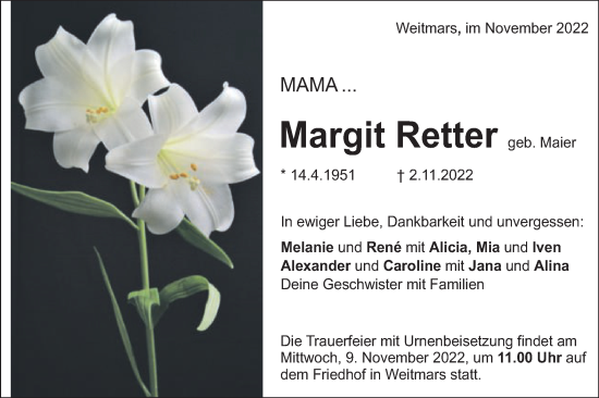 Traueranzeige von Margit Retter von Gmünder Tagespost
