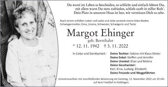 Traueranzeige von Margot Ehinger von Schwäbische Post