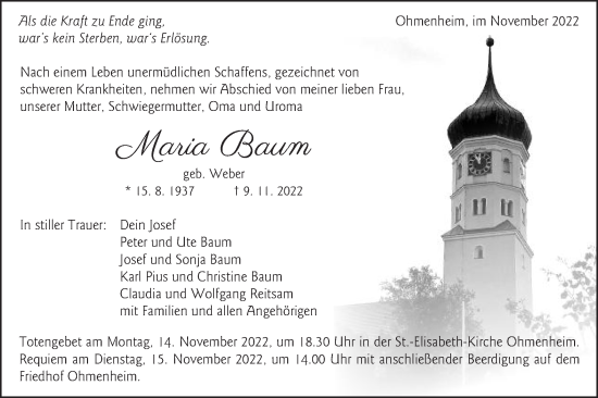 Traueranzeige von Maria Baum von Schwäbische Post