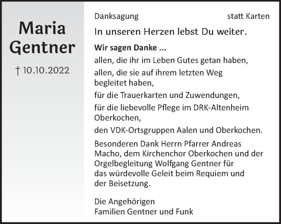 Traueranzeige von Maria Gentner von Schwäbische Post