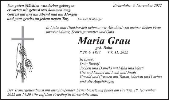 Traueranzeige von Maria Grau von Gmünder Tagespost