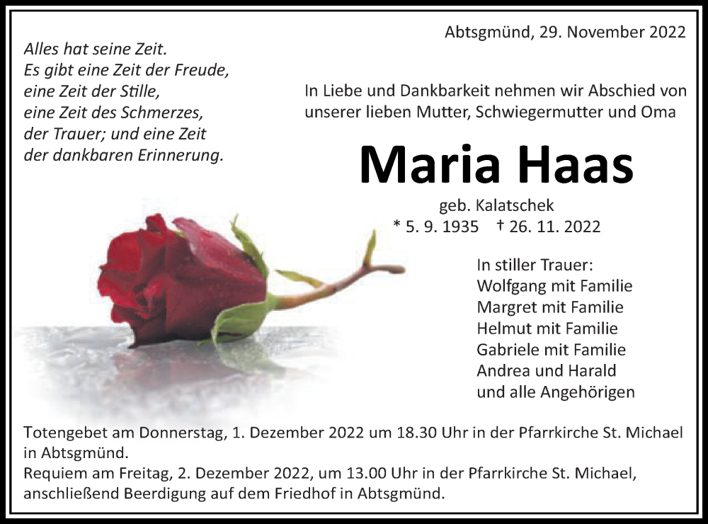  Traueranzeige für Maria Haas vom 29.11.2022 aus Schwäbische Post