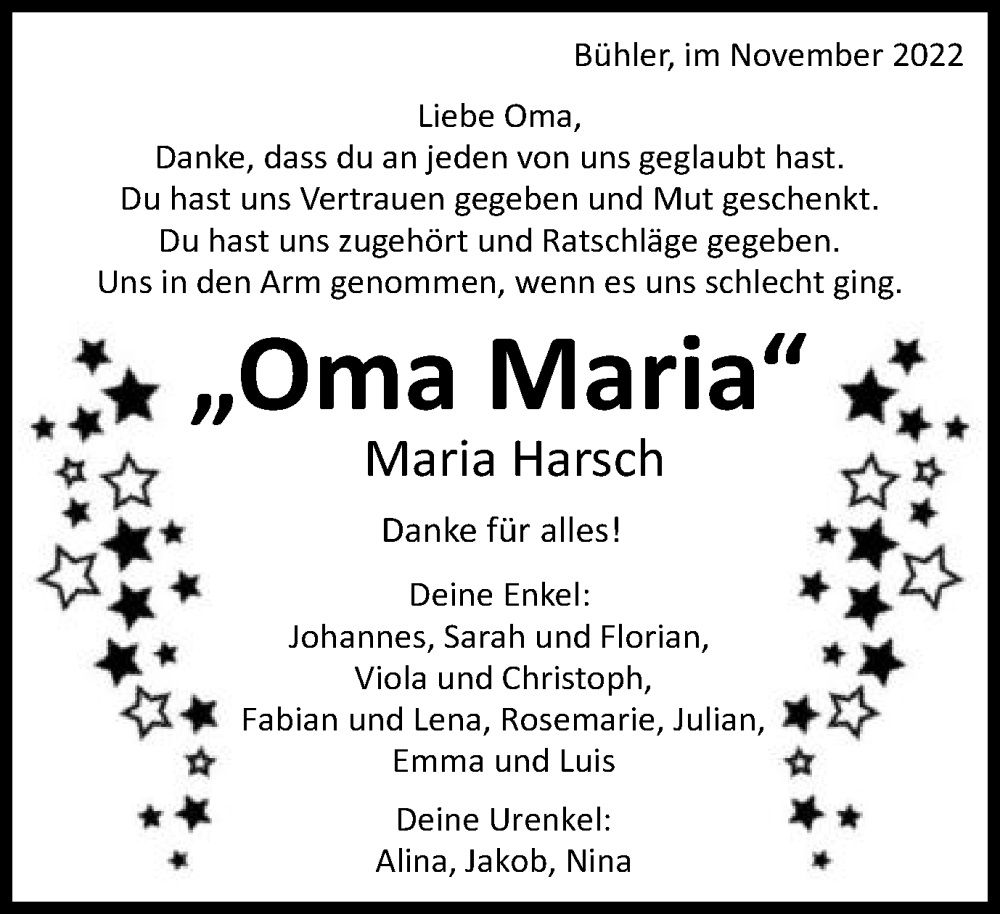  Traueranzeige für Maria Harsch vom 25.11.2022 aus Schwäbische Post