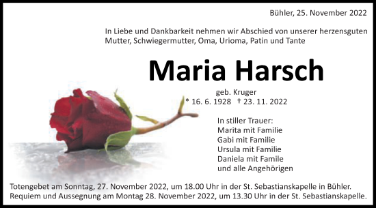 Traueranzeige von Maria Harsch von Schwäbische Post