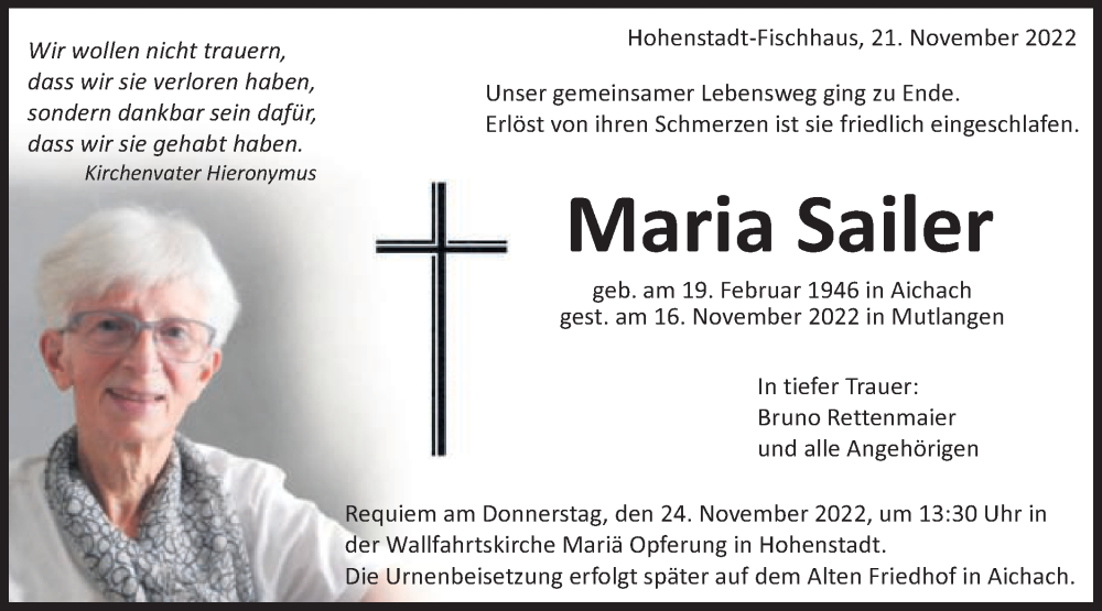  Traueranzeige für Maria Sailer vom 21.11.2022 aus Schwäbische Post