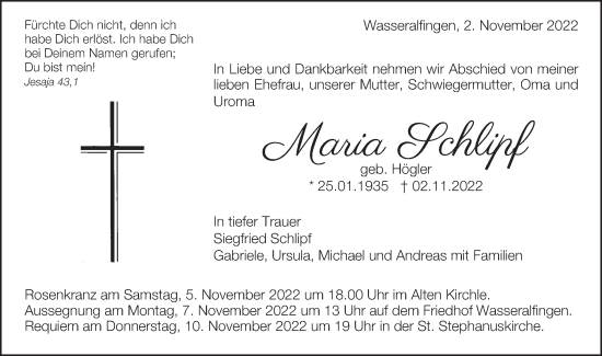 Traueranzeige von Maria Schlipf von Schwäbische Post