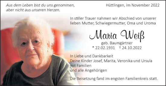 Traueranzeige von Maria Weiß von Schwäbische Post