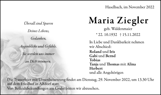 Traueranzeige von Maria Ziegler von Gmünder Tagespost