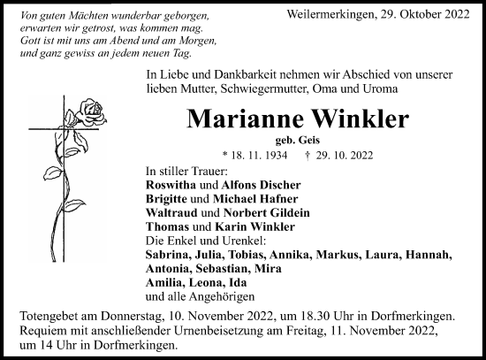 Traueranzeige von Marianne Winkler von Schwäbische Post