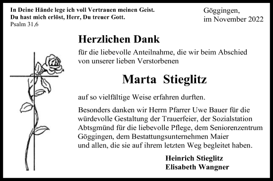 Traueranzeige von Marta Stieglitz von Gmünder Tagespost