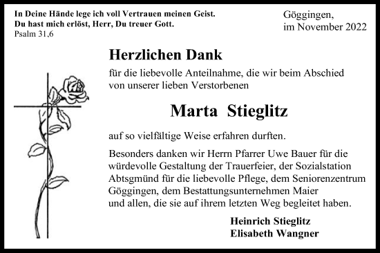 Traueranzeige von Marta Stieglitz