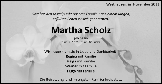 Traueranzeige von Martha Scholz von Schwäbische Post