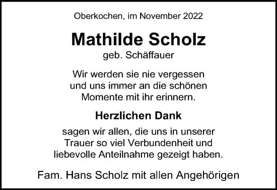 Traueranzeige von Mathilde Scholz von Schwäbische Post