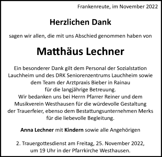 Traueranzeige von Matthäus Lechner von Schwäbische Post
