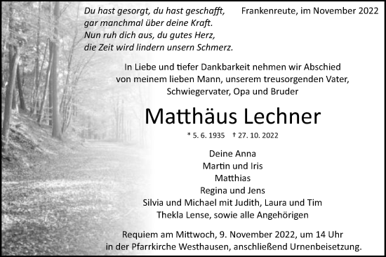 Traueranzeige von Matthäus Lechner von Schwäbische Post
