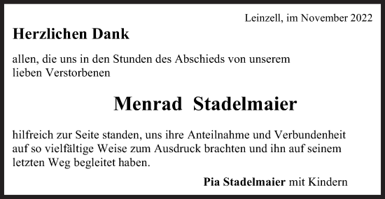 Traueranzeige von Menrad Stadelmaier von Gmünder Tagespost