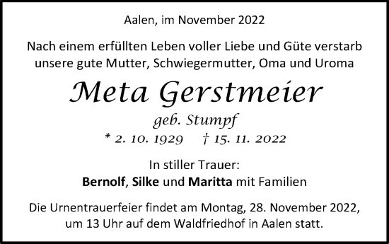 Traueranzeige von Meta Gerstmeier von Schwäbische Post