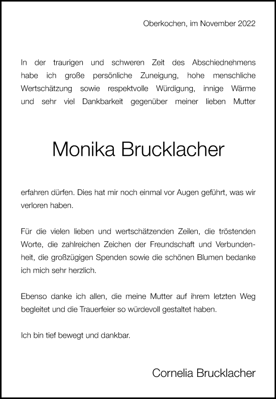 Traueranzeige von Monika Brucklacher von Schwäbische Post