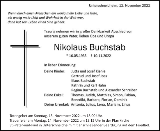 Traueranzeige von Nikolaus Buchstab von Schwäbische Post