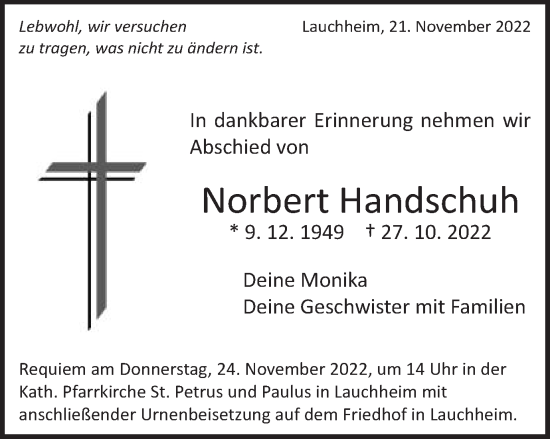 Traueranzeige von Norbert Handschuh von Schwäbische Post