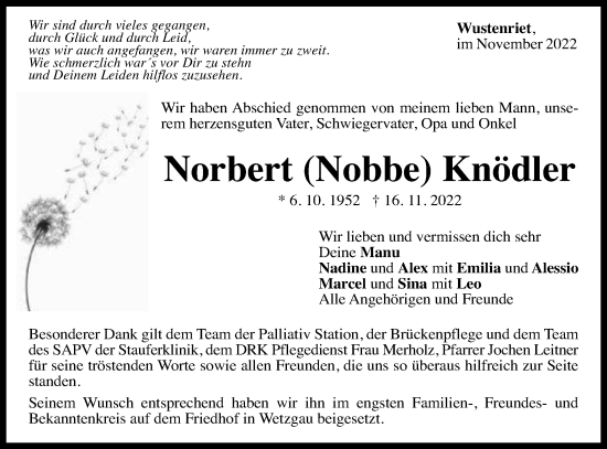 Traueranzeige von Norbert Knödler von Gmünder Tagespost
