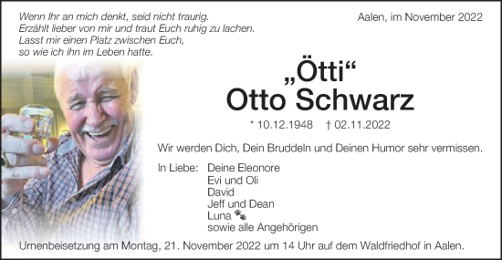 Traueranzeige von Otto Schwarz von Schwäbische Post